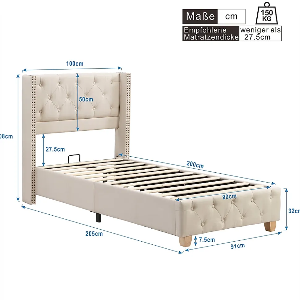 Lit 90x200 cm tapissé lin beige avec tête de lit capitonnée, clous décoratifs et pieds en bois renforcés