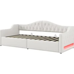 Lit 90x200 cm tapissé lin beige avec rangement sous-lit et bande LED 7 couleurs, cadre bois moderne, 12 lattes