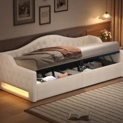 Lit 90x200 cm tapissé lin beige avec rangement sous-lit et bande LED 7 couleurs, cadre bois moderne, 12 lattes