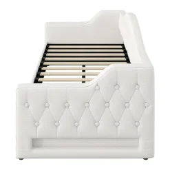 Lit 90x200 cm tapissé lin beige avec rangement sous-lit et bande LED 7 couleurs, cadre bois moderne, 12 lattes