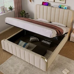 Lit 140x200 cm tapissé lin beige, design contemporain, avec rangement hydraulique et tête de lit intégrée