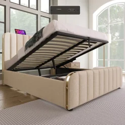 Lit 140x200 cm tapissé lin beige, design contemporain, avec rangement hydraulique et tête de lit intégrée