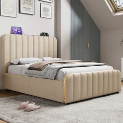 Lit 140x200 cm tapissé lin beige, design contemporain, avec rangement hydraulique et tête de lit intégrée