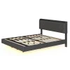 Lit 160x200 cm tapissé lin gris avec LED multicolore sous cadre, prise USB intégrée et coffre de rangement
