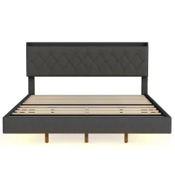 Lit 160x200 cm tapissé lin gris avec LED multicolore sous cadre, prise USB intégrée et coffre de rangement