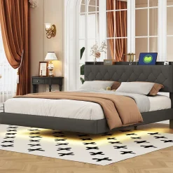 Lit 160x200 cm tapissé lin gris avec LED multicolore sous cadre, prise USB intégrée et coffre de rangement