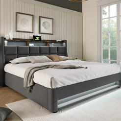 Lit 140x200 cm tapissé lin gris avec éclairage LED et port USB, style vintage moderne, cadre bois-métal