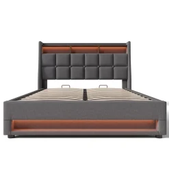 Lit 140x200 cm tapissé lin gris avec éclairage LED et port USB, style vintage moderne, cadre bois-métal