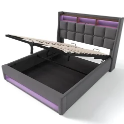 Lit 140x200 cm tapissé lin gris avec éclairage LED et port USB, style vintage moderne, cadre bois-métal