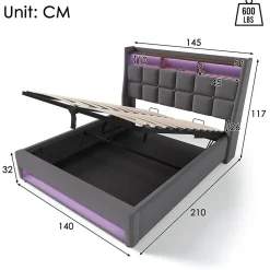 Lit 140x200 cm tapissé lin gris avec éclairage LED et port USB, style vintage moderne, cadre bois-métal