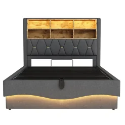 Lit 140x200 cm tapissé lin gris avec rangement hydraulique, bande LED pilotable via application et port USB