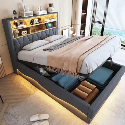 Lit 140x200 cm tapissé lin gris avec rangement hydraulique, bande LED pilotable via application et port USB