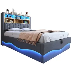 Lit 140x200 cm tapissé lin gris avec rangement hydraulique, bande LED pilotable via application et port USB