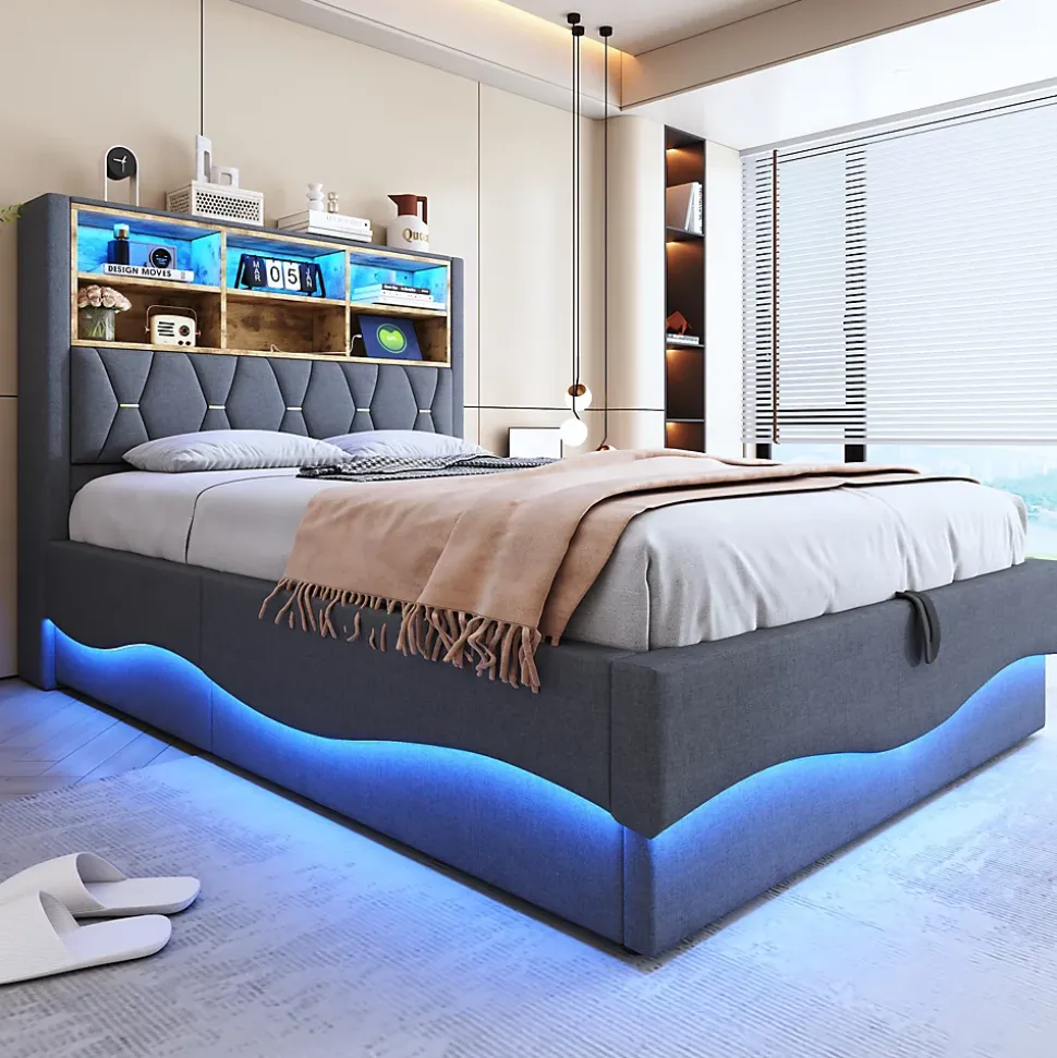 Lit 140x200 cm tapissé lin gris avec rangement hydraulique, bande LED pilotable via application et port USB