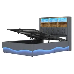 Lit 140x200 cm tapissé lin gris avec rangement hydraulique, bande LED pilotable via application et port USB