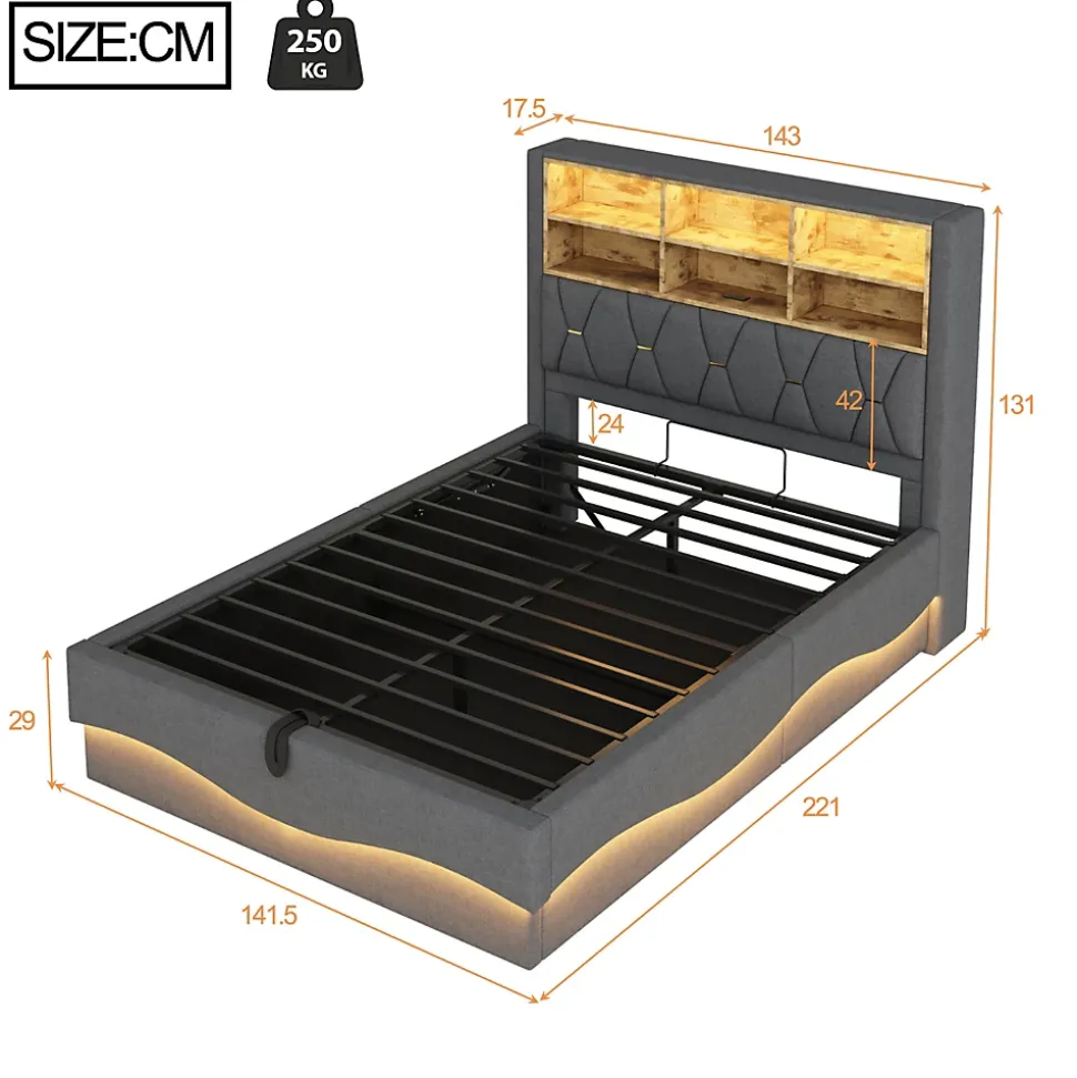 Lit 140x200 cm tapissé lin gris avec rangement hydraulique, bande LED pilotable via application et port USB