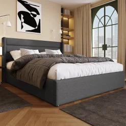 Lit 160x200 cm tapissé lin gris avec rangement hydraulique, tête de lit 3 panneaux rembourrée, cadre renforcé
