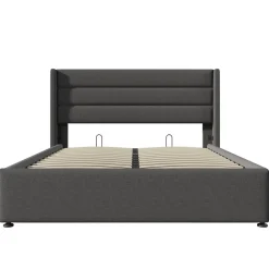 Lit 160x200 cm tapissé lin gris avec rangement hydraulique, tête de lit 3 panneaux rembourrée, cadre renforcé