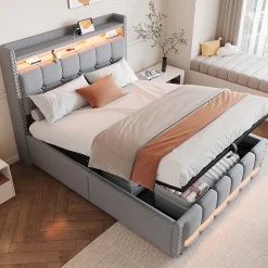 Lit 140x200 cm tapissé lin gris clair avec rangement hydraulique et éclairage LED multicolore