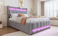 Lit 140x200 cm tapissé lin gris clair avec rangement hydraulique et éclairage LED multicolore