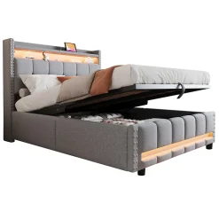 Lit 140x200 cm tapissé lin gris clair avec rangement hydraulique et éclairage LED multicolore