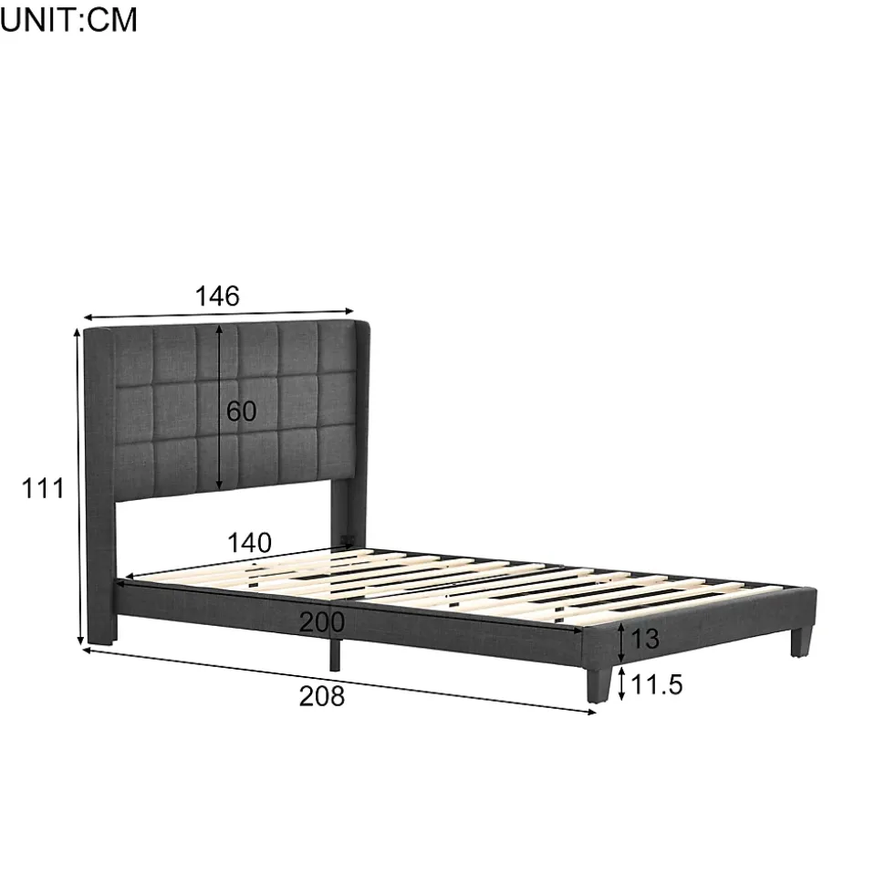 Lit 140x200 cm tapissé lin gris avec tête de lit rembourrée haute et matelas à ressorts 140x200 cm inclus