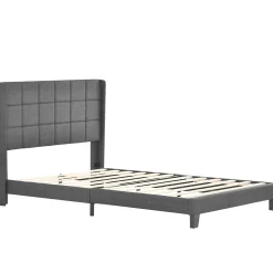 Lit 140x200 cm tapissé lin gris avec tête de lit rembourrée haute et matelas à ressorts 140x200 cm inclus