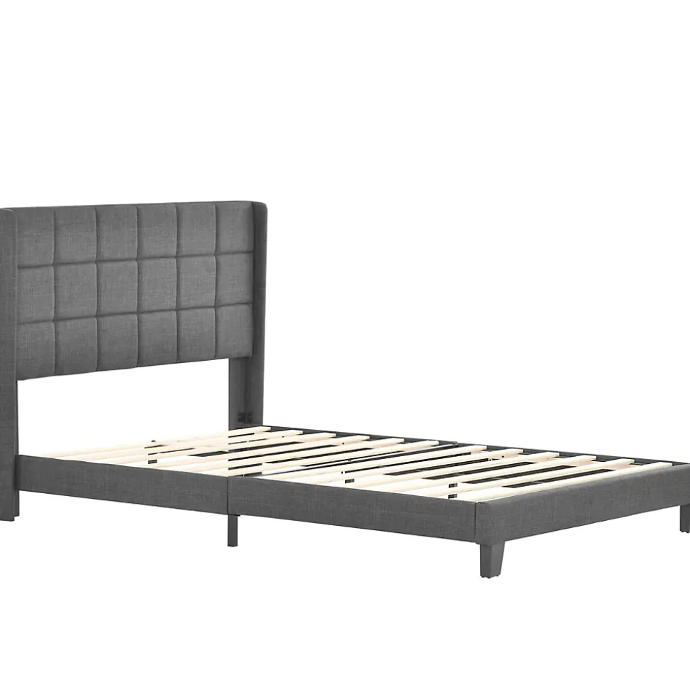 Lit 140x200 cm tapissé lin gris avec tête de lit rembourrée haute et matelas à ressorts 140x200 cm inclus