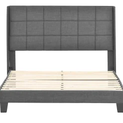 Lit 140x200 cm tapissé lin gris avec tête de lit rembourrée haute et matelas à ressorts 140x200 cm inclus