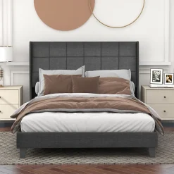 Lit 140x200 cm tapissé lin gris avec tête de lit rembourrée haute et matelas à ressorts 140x200 cm inclus