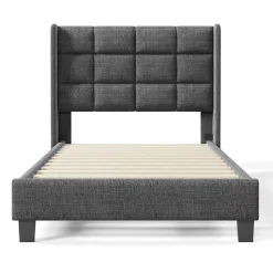 Lit 90x200 cm tapissé lin gris avec tête de lit haute et pieds noirs, design moderne élégant