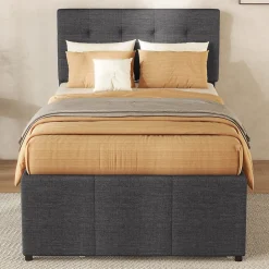 Lit 90x200 cm tapissé lin gris avec lit gigogne et trois tiroirs, cadre bois robuste et tête de lit réglable