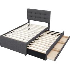 Lit 90x200 cm tapissé lin gris avec lit gigogne et trois tiroirs, cadre bois robuste et tête de lit réglable