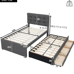 Lit 90x200 cm tapissé lin gris avec lit gigogne et trois tiroirs, cadre bois robuste et tête de lit réglable