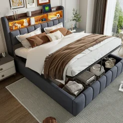 Lit 180x200 cm tapissé lin gris avec tête de lit LED multicolore, rangement hydraulique et prises USB