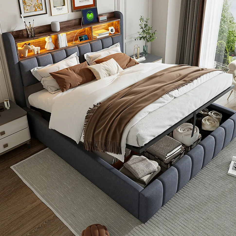 Lit 180x200 cm tapissé lin gris avec tête de lit LED multicolore, rangement hydraulique et prises USB