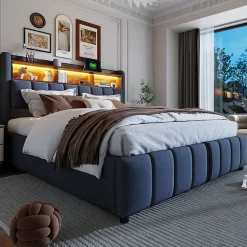 Lit 180x200 cm tapissé lin gris avec tête de lit LED multicolore, rangement hydraulique et prises USB