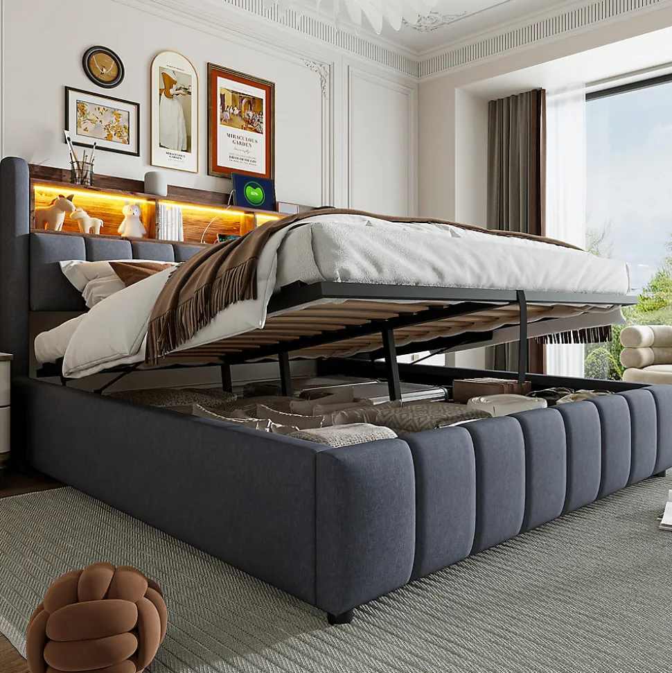 Lit 180x200 cm tapissé lin gris avec tête de lit LED multicolore, rangement hydraulique et prises USB