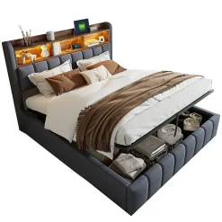 Lit 180x200 cm tapissé lin gris avec tête de lit LED multicolore, rangement hydraulique et prises USB