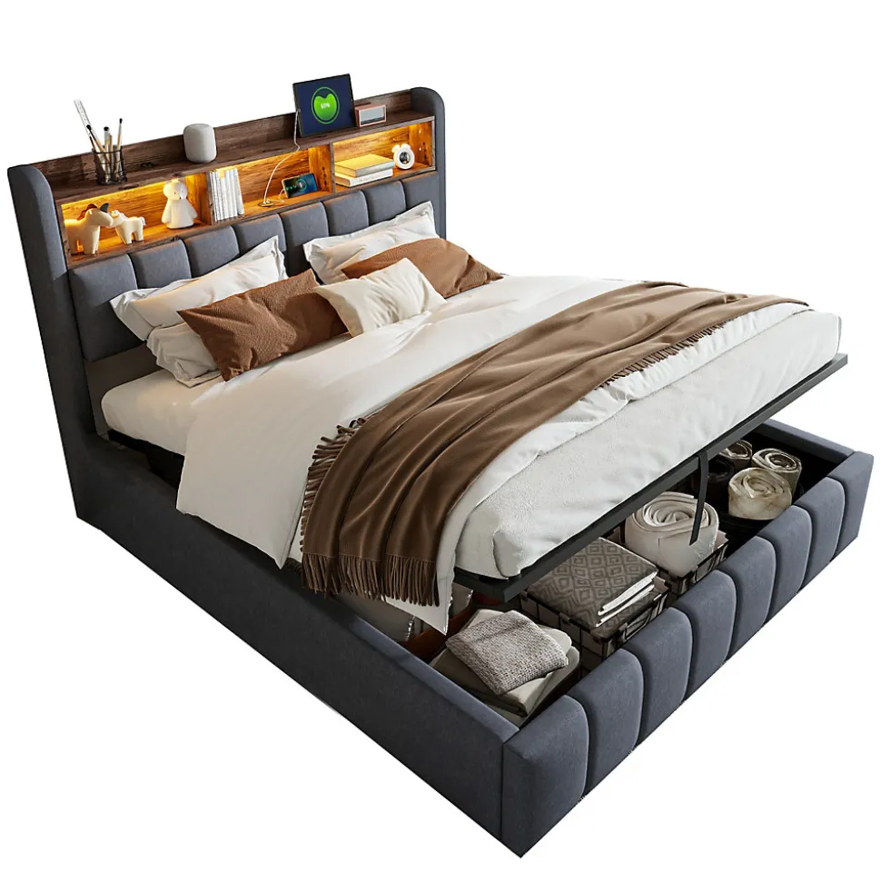 Lit 180x200 cm tapissé lin gris avec tête de lit LED multicolore, rangement hydraulique et prises USB