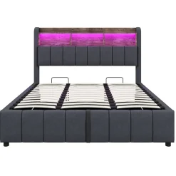 Lit 180x200 cm tapissé lin gris avec tête de lit LED multicolore, rangement hydraulique et prises USB