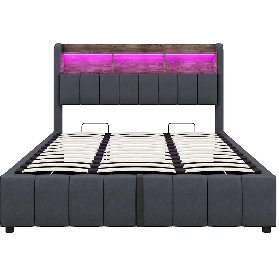 Lit 180x200 cm tapissé lin gris avec tête de lit LED multicolore, rangement hydraulique et prises USB