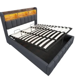 Lit 180x200 cm tapissé lin gris avec tête de lit LED multicolore, rangement hydraulique et prises USB