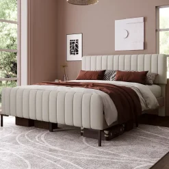 Lit 180x200 cm tapissé lin gris-beige, tête réglable 16-22 cm, compatible avec sommier coffre, cadre métal