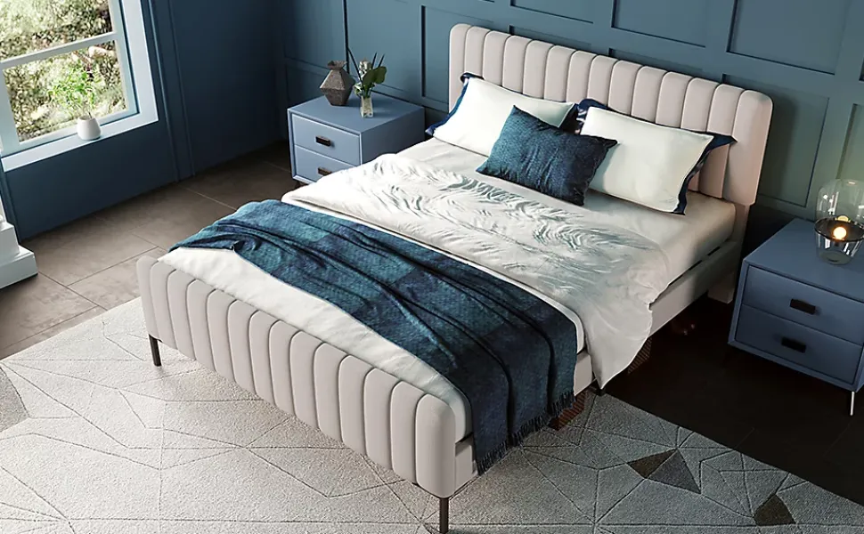 Lit 180x200 cm tapissé lin gris-beige, tête réglable 16-22 cm, compatible avec sommier coffre, cadre métal