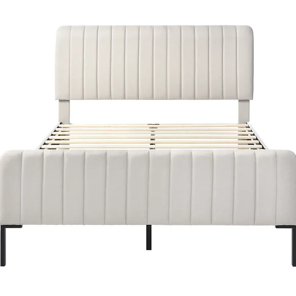 Lit 180x200 cm tapissé lin gris-beige, tête réglable 16-22 cm, compatible avec sommier coffre, cadre métal