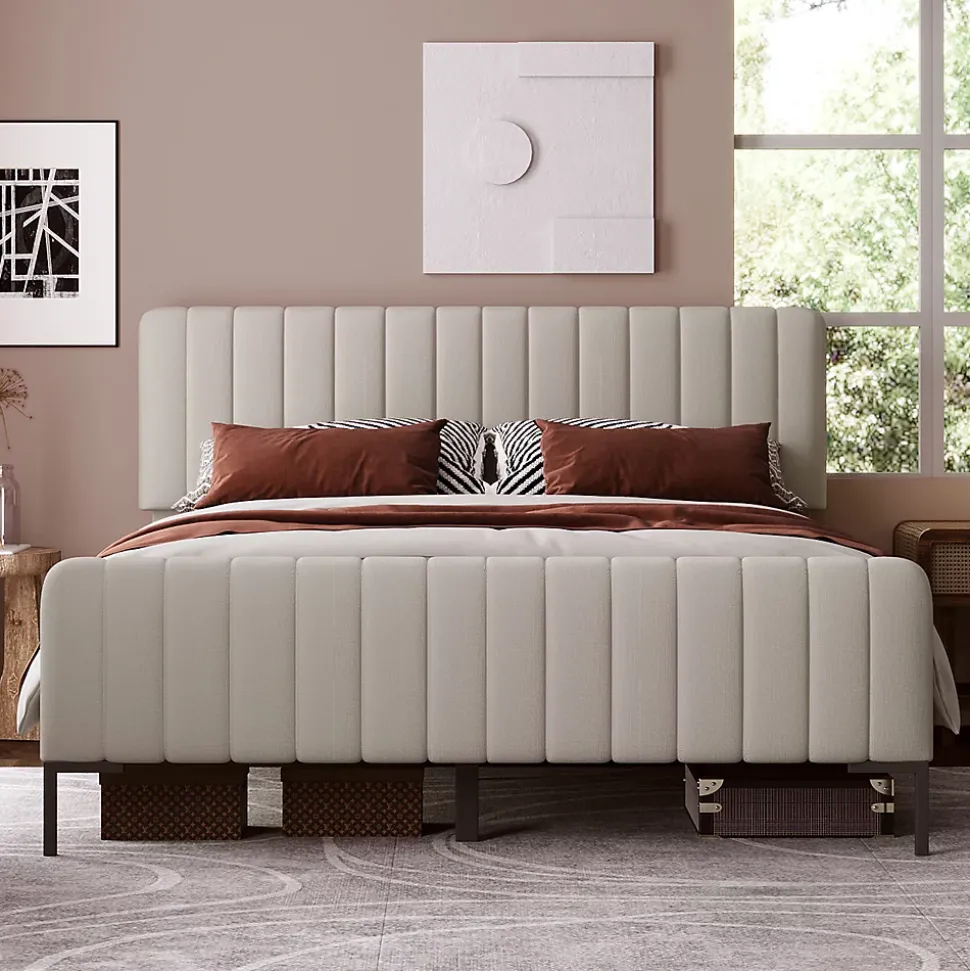 Lit 180x200 cm tapissé lin gris-beige, tête réglable 16-22 cm, compatible avec sommier coffre, cadre métal