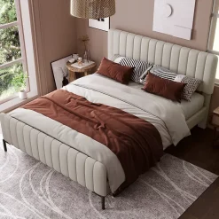 Lit 180x200 cm tapissé lin gris-beige, tête réglable 16-22 cm, compatible avec sommier coffre, cadre métal