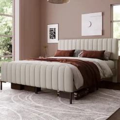 Lit 140x200 cm tapissé lin gris-beige avec sommier à lattes et tête de lit réglable