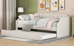 Lit 90x200 cm tapissé lin-coton beige avec sommier gigogne à roulettes, design moderne et élégant